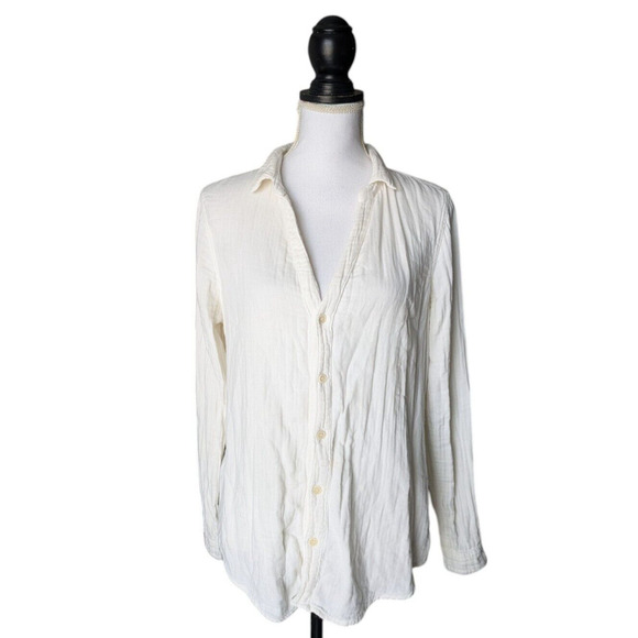 CP Shades Ivory Smocked Cotton Gauze Button Down Shirt Size Small V Neck Collar - Picture 1 of 8